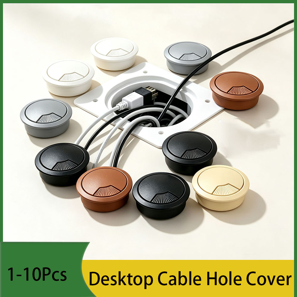 Office Furniture And Desks - กล่องเก็บสายไฟแบบกลมสำหรับตั้งโต๊ะ 1-10 ชิ้น ฝาครอบรูสายไฟทำจากยาง ABS สำหรับโต๊ะทำงาน